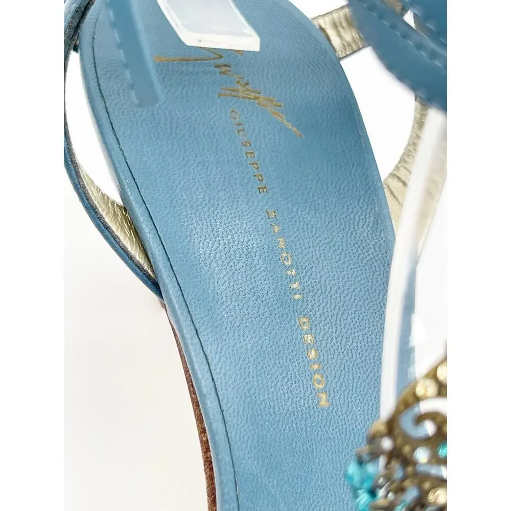 Giuseppe Zanotti y2k Vintage Teal Ankle Wrap Crystal Beaded Charm Sandals IT 41